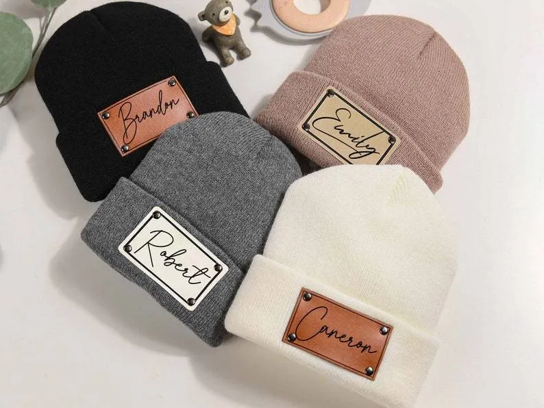 Casquettes, chapeaux, Patch en cuir pour bébé, bonnet personnalisé pour bébé avec nom, chapeau tricoté pour enfant, cadeau de douche, 230823