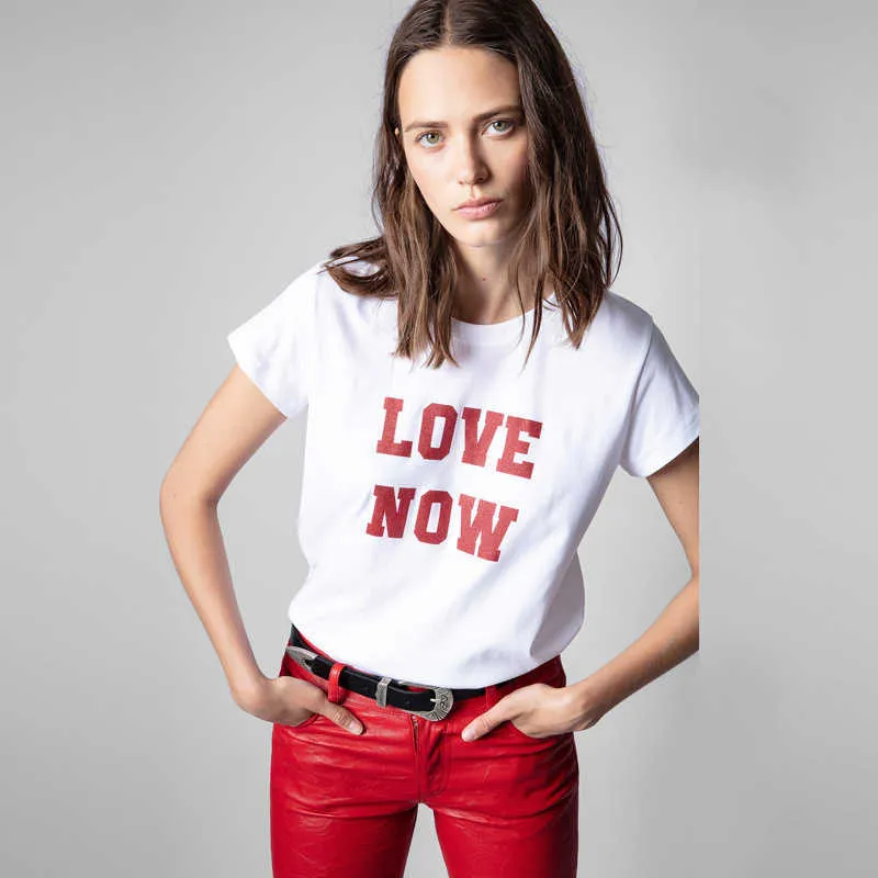 Zadig Voltaire 23 Designer T Shirt Spring and Summer New French Minority ZV Letter Love Now Glittering Powder Printed Cotton Round Neck White Short Hleeve T-shirt