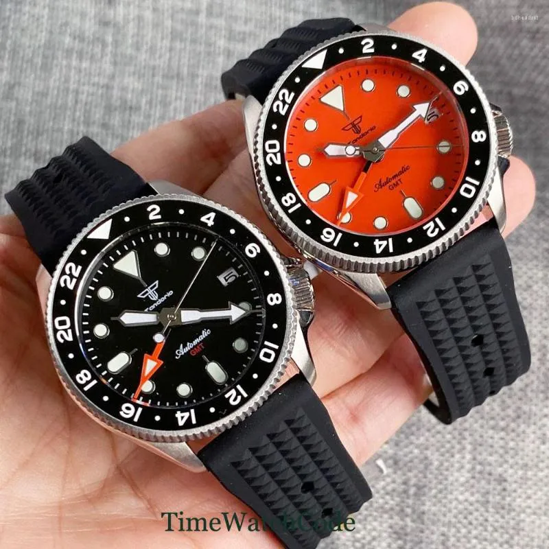 Montres-bracelets Tandorio Diver 20ATM Montre automatique pour hommes 37mm NH34 GMT Mouvement Cadran noir ou orange Bracelet en caoutchouc Sapphire Crystal Auto