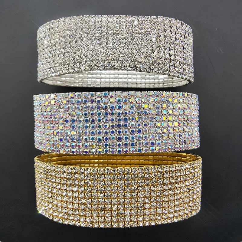 Kostki 10 rzędów kryształowe kostki srebrne i złoty kolor kostki łańcuch Ab Stone Elastyczne stretch bransoletki dla kobiet 230823