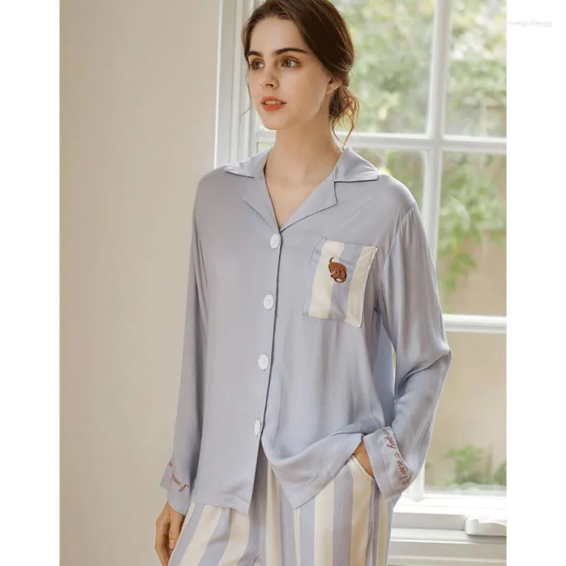 Vêtements de nuit pour femmes printemps automne 2024 ensemble de pyjama mince teckel broderie deux pièces hauts pantalons pleine longueur taille élastique salon 38921