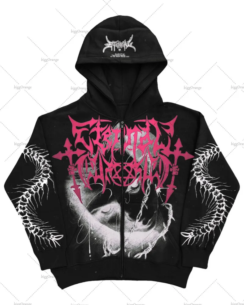 Mens Hoodies Sweatshirts American Dark Style High Street Clothing Printed Loose Zipper Hoodie Men Y2K Gothic Punk Rock Casual Oversized Sweatshirt Women 230823