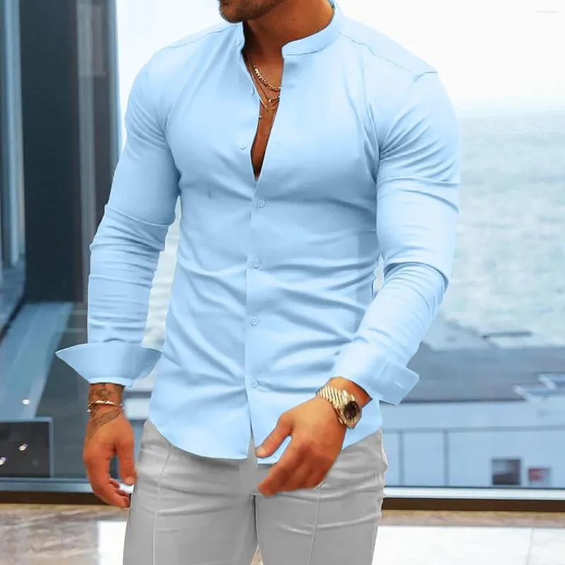 Chemises décontractées pour hommes Slim Fit Hommes Robe Col à bandes à manches longues Chemise boutonnée Géométrique Streetwear Vêtements de fitness