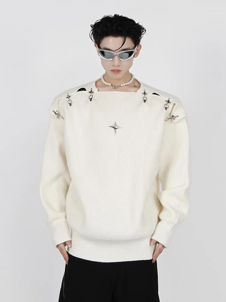Pulls pour hommes 2023 Pull tricoté automne hiver mode coréenne boucle en métal évider conception couleur unie mâle hauts hommes