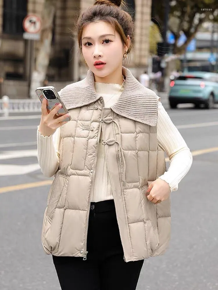 Women's Vests Brand Solid Winter Pan Buckle Knitted Lapel Jackets For Women  2023 Zipper Warm Waterproof Vest Sleeveless Down Cotten Coat