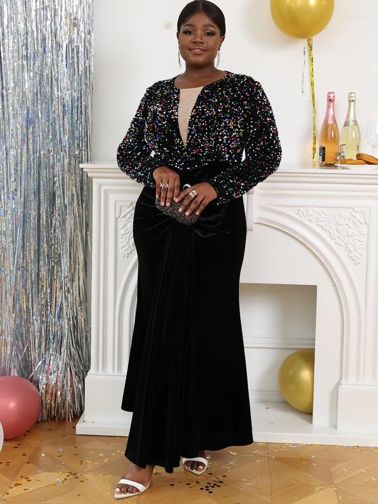 Robes décontractées longue soirée noire paillettes luxe velours sirène paillettes robe modeste femme hiver occasion formelle célébrer robes de fête