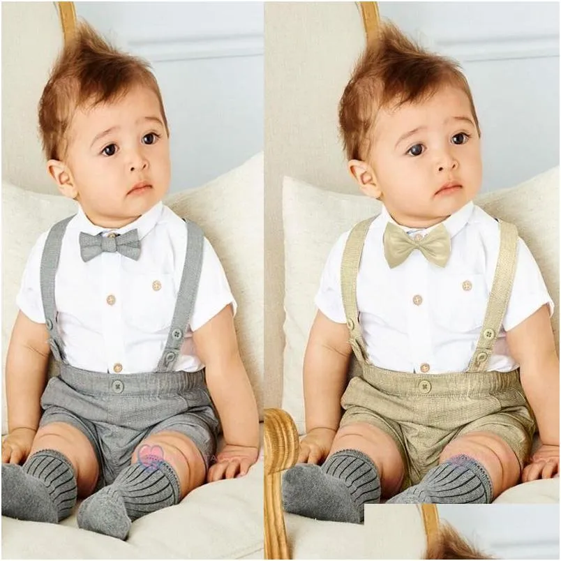 Vêtements Ensembles Bébé Mode Petits Garçons À Manches Courtes Chemise À Revers Short À Bretelles 2 PC Été Gentleman Costume Drop Livraison Enfants Mater Dh2Up