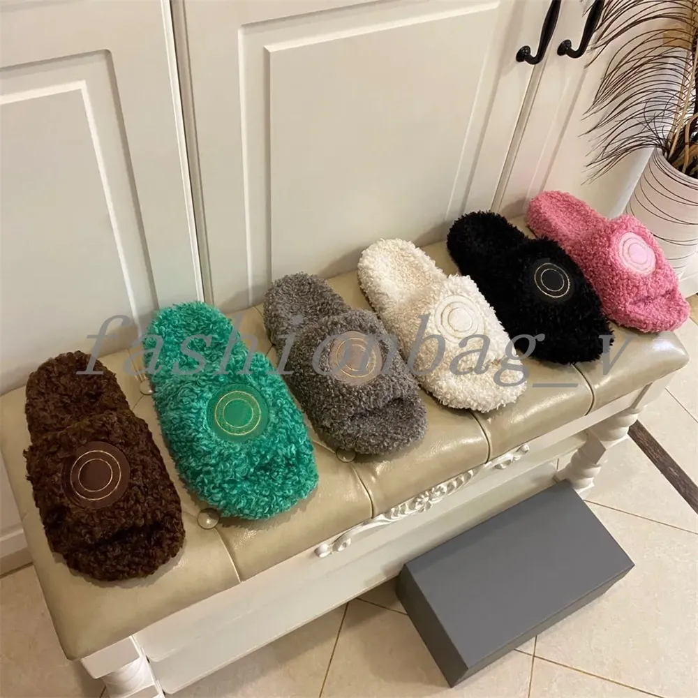 Designer Women Slippers Lamb Hair Warm Slippers Embroidered Stamp Decorative Slippers Indoor Comfort Slide With Box