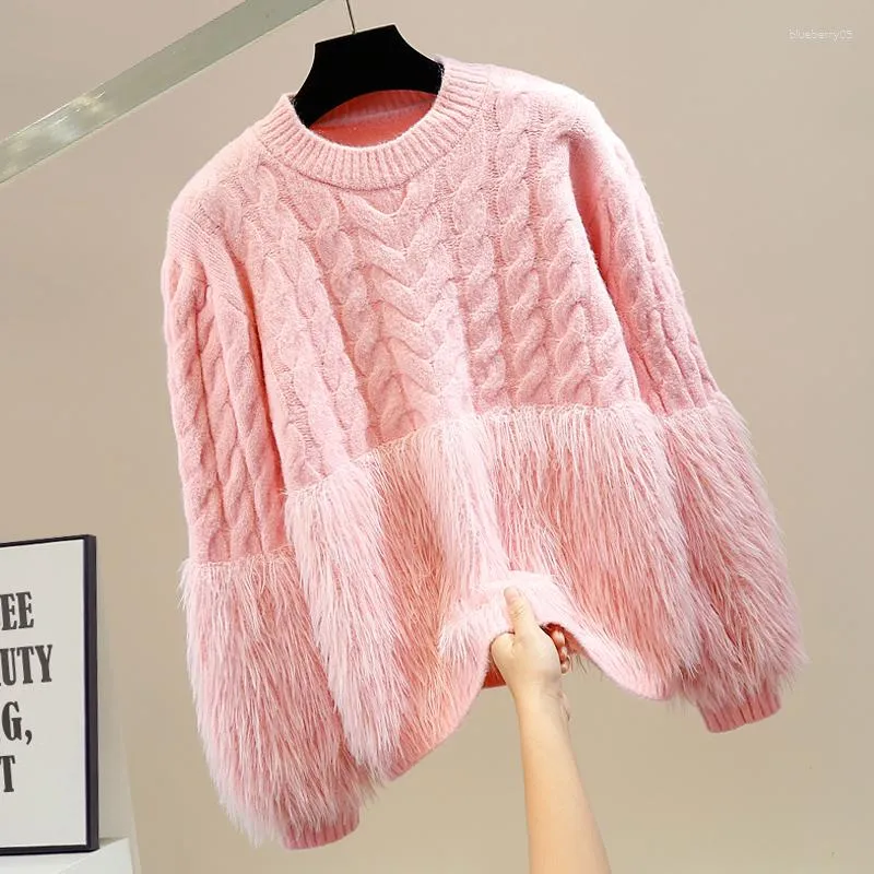 Maglioni femminili alla moda pelosa peluche pullover a maglia fitta maglione con tocco spesso top rosa sciolto elegante femmina 2023 jumper invernale a maglia invernale