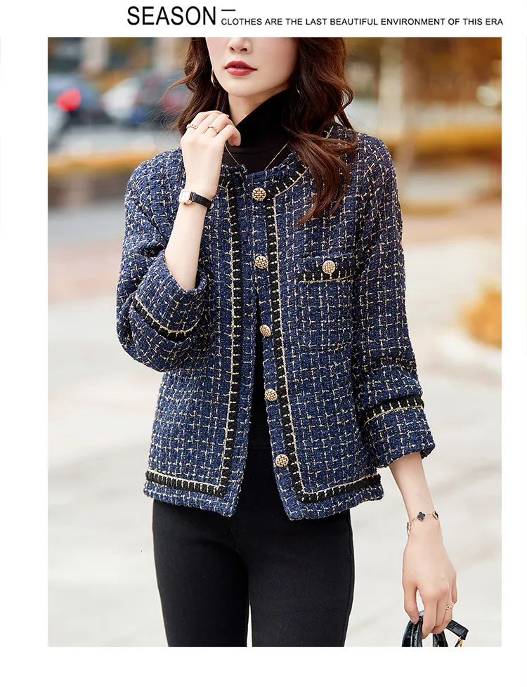 Women s Plaid Tweed Jacket Outerwear Single-Breasted Button