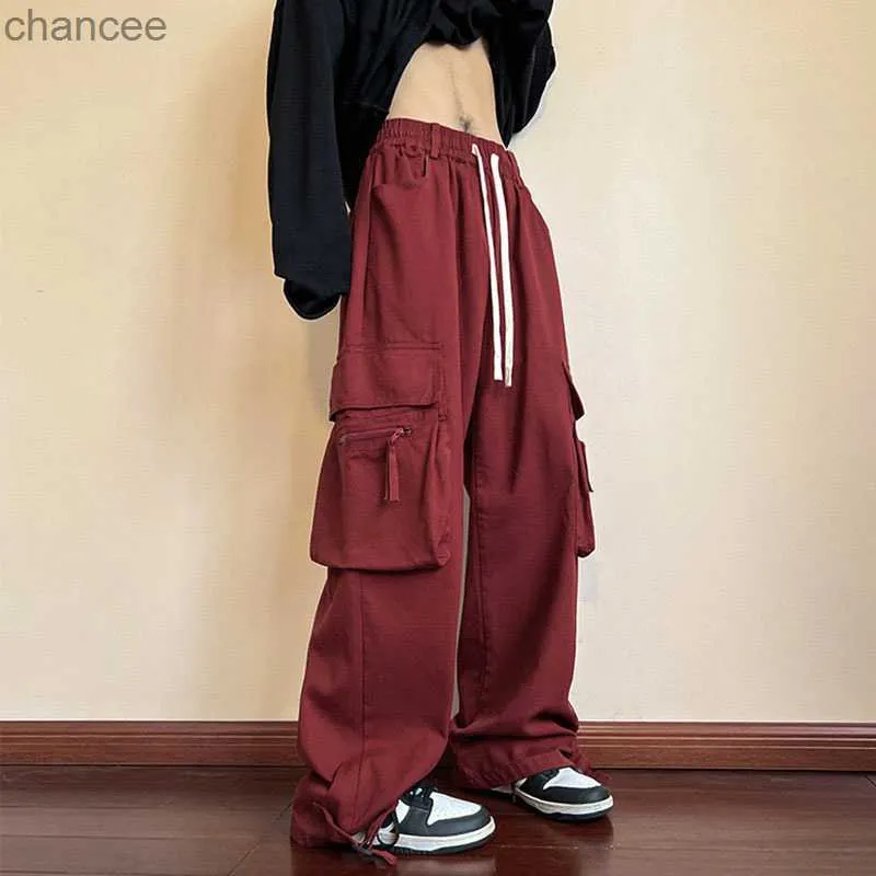 2023 Autumn Red Cotton Cargo Pants Men American Y2k Style Sweatpants Casual Loose Multi-pocket Pants Mens High Street TrousersLF20230824.