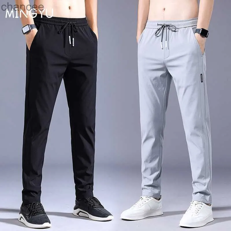 Summer Men's Casual Pants Thin Soft Soft Elasticity Lace-up midja Solid Color Pocket Applique Korea Gray Black Work Trousers Male 38LF20230824.