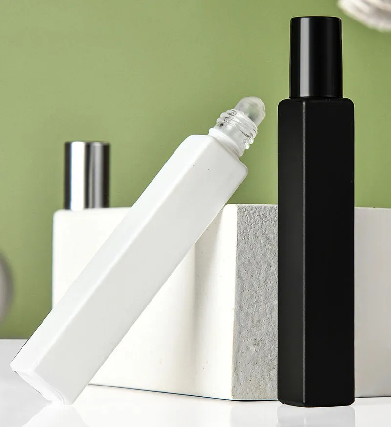 Empty Square Glass Roll On Bottles 10ml Essential Oil Perfume Bottle with Matte Black/White Color Stainless Steel Roller Ball