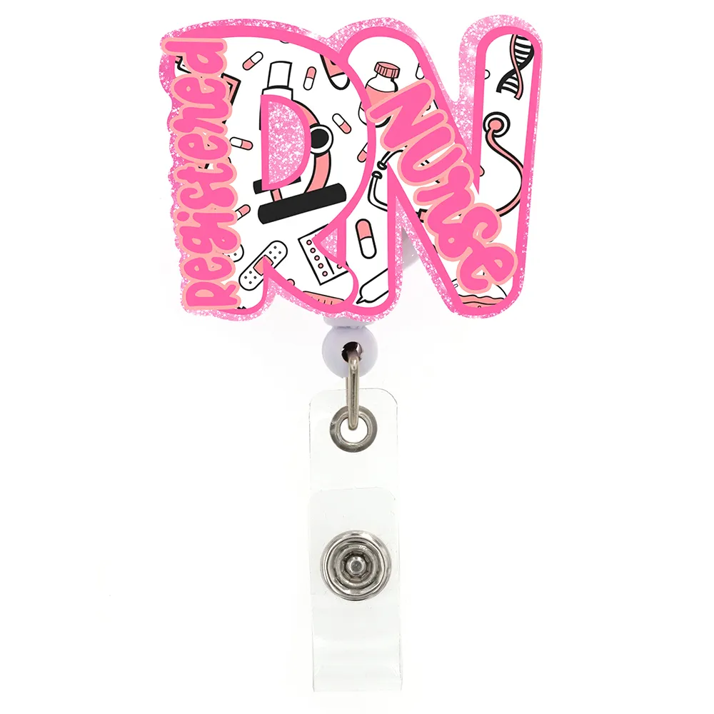 Pink Sparkle Glitter Brain Badge Holder Reel - 24 Inch Retractable ID Card Holder With Clip