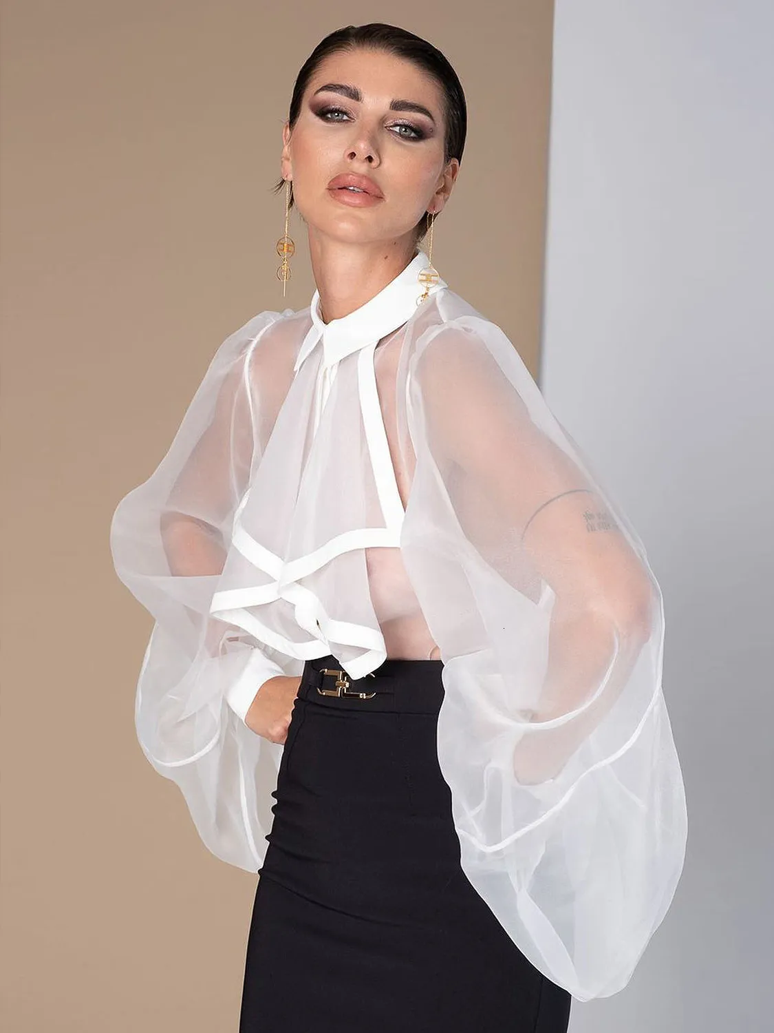 Women's Hoodies Sweatshirt Mesh Sheer Blouse Chiffon Seethrough Long Sleeve Top Shirt Fashion Organza Transparent White Female Blusas 230823