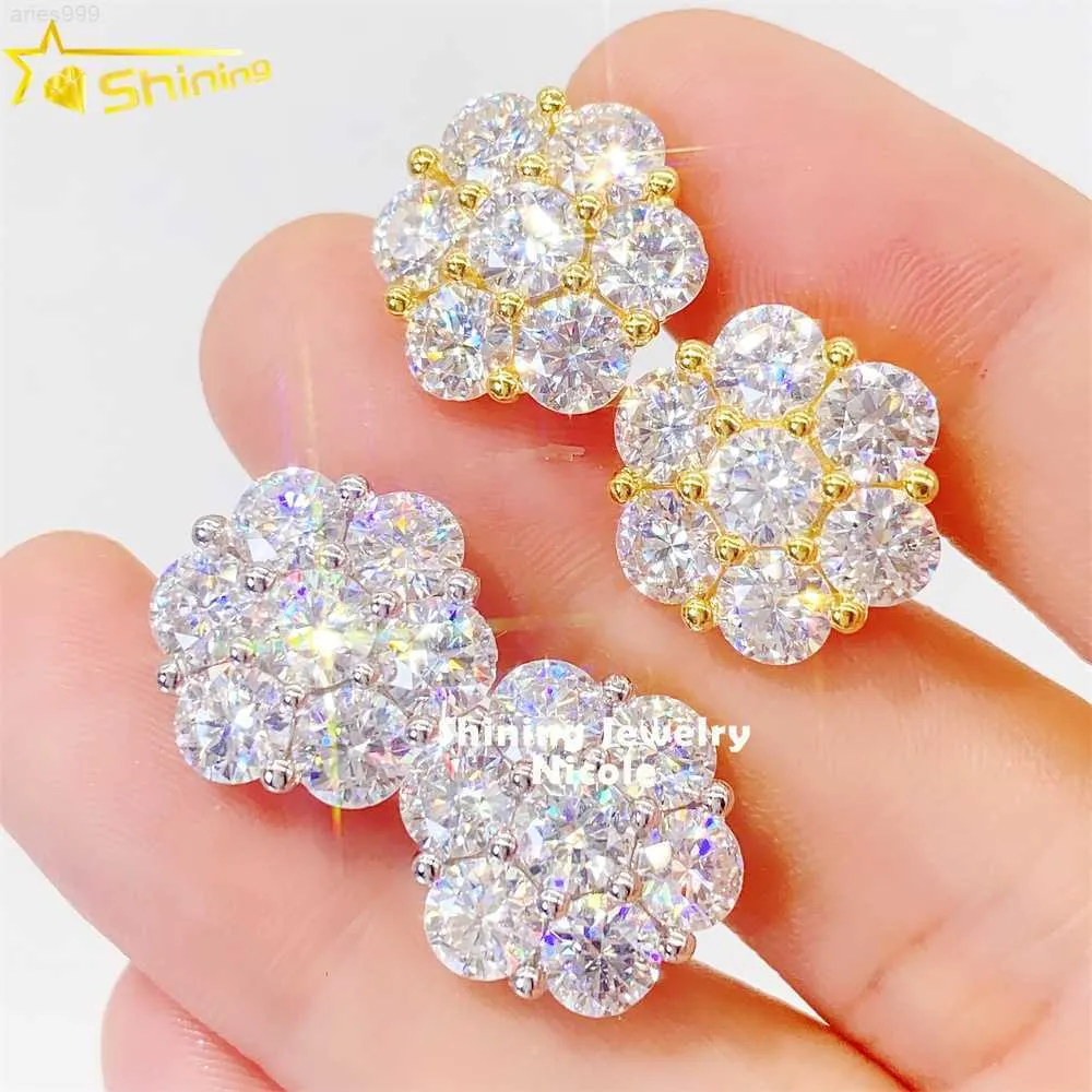 Bling Fine Jewelry 5 mm Moissanite Stone 925 Pendientes de plata con diamantes y flores grandes para hombres