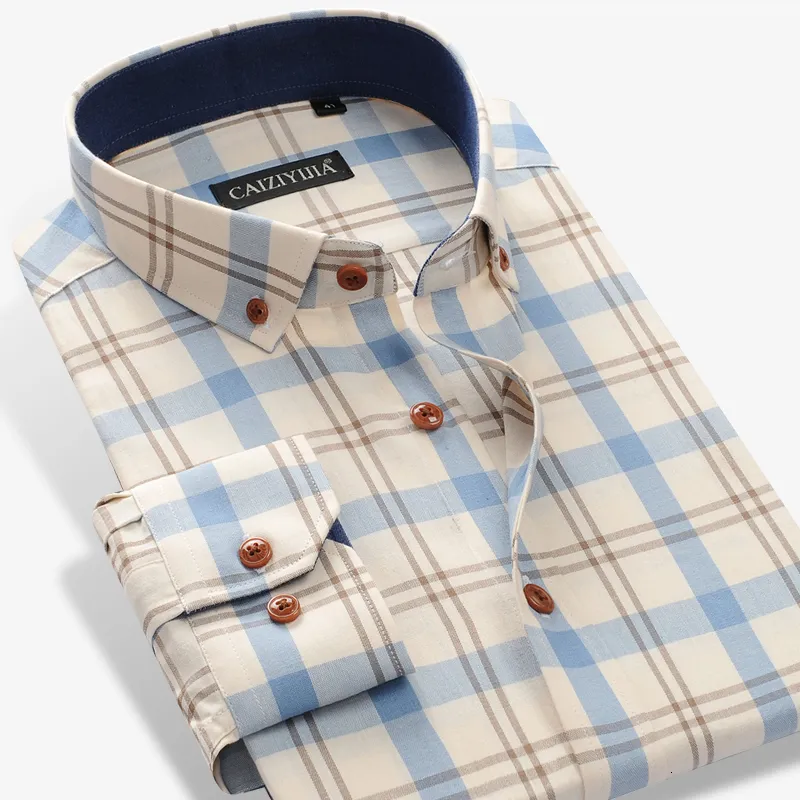 Herrklänningskjortor Herrens 100% bomullslång ärmkontrast Plaid rutig skjorta Pocket-Less Design Casual Standard-Fit-knapp ner Gingham-skjortor 230824