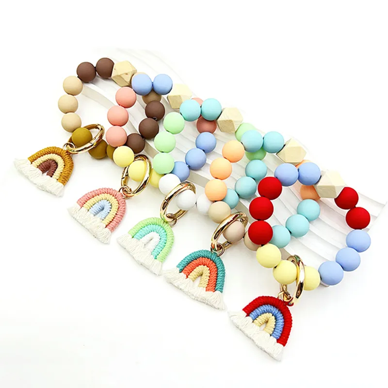 Bracelet de perles de poignet en acrylique, porte-clés de perles colorées, pompon arc-en-ciel, pendentif de voiture, cadeau