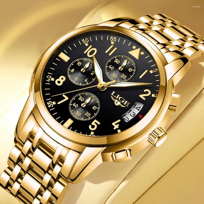 Montres-bracelets LIGE Gold Watch pour hommes Warterproof Sports Mens Top Clock Homme Business Quartz Montre-bracelet Relogio Masculino