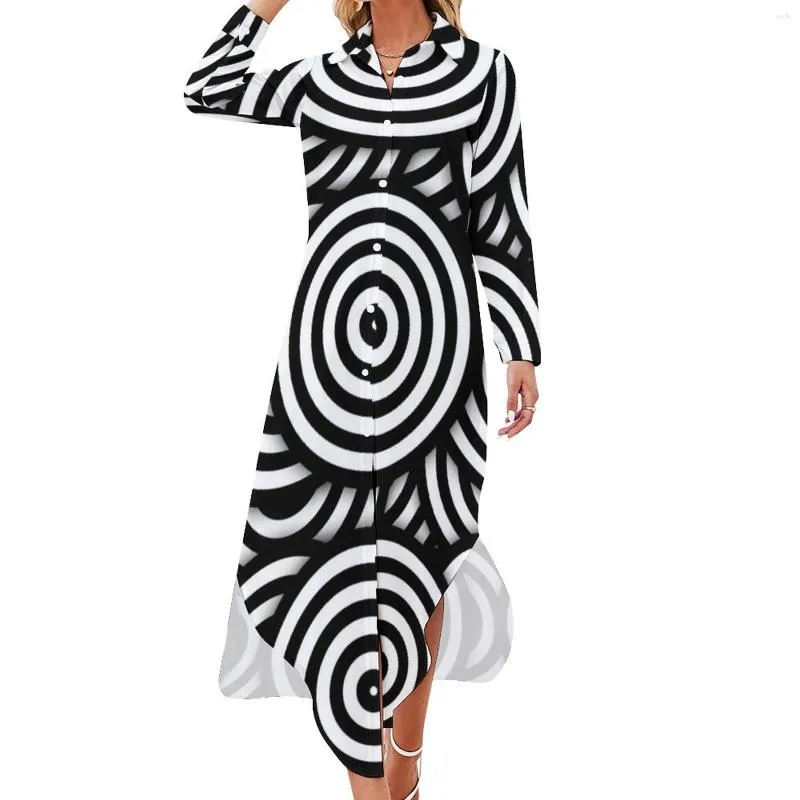 Повседневные платья Retro Op Art платье черные белые круги модные с длинным рукавом элегантные женщины v Sece Design Chiffon