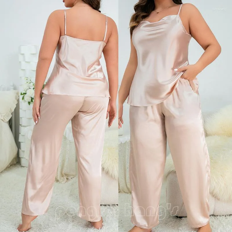 Women's Sleepwear Big Size 4Xl 5Xl Pajamas Women Cmai&pants 2Pcs Sexy Lace Trim Loungewear Satin Home Clothes Summer Nightgown Lingerie