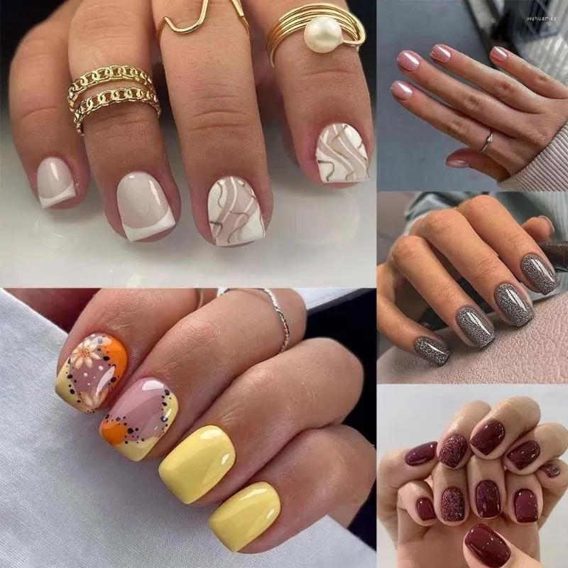 Faux ongles courts ronds mode français brillant vin rouge ongles conseils jaune marguerite lignes simples faux pour salon