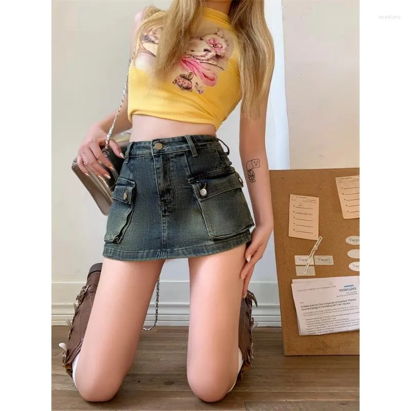 Jupes Flykcoozooi Vintage Mini a-ligne taille haute poches Anti brillant Style coréen jupe en jean été femme bas vêtements