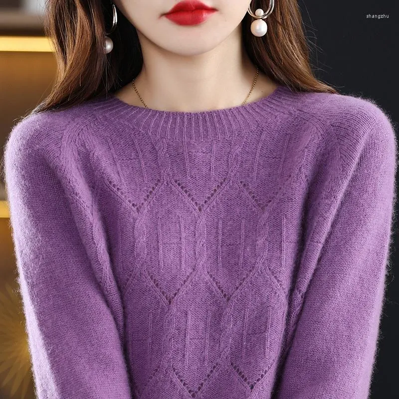 Women's Sweaters 2023 Knitted Pure Woolen Shirt Round Neck One Line Readymade Garment Hollow Out Loose Slouchy Style Slim Sweater Girl