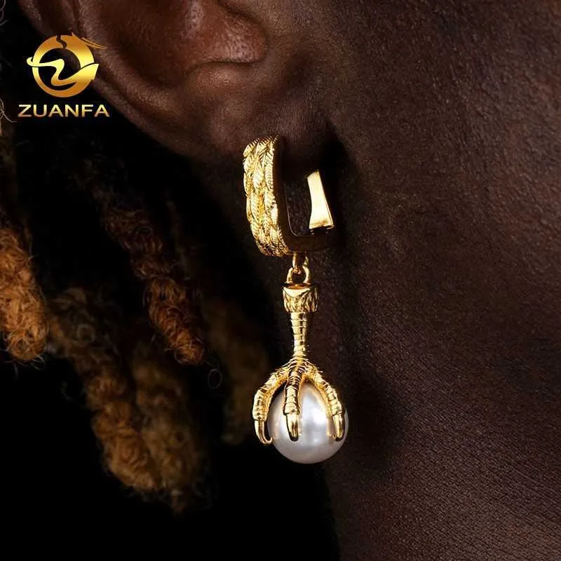 Joyería de moda callejera Pendientes brillantes al por mayor Pendientes de hip hop para hombres Huggie chapados en oro de 18 k con perla