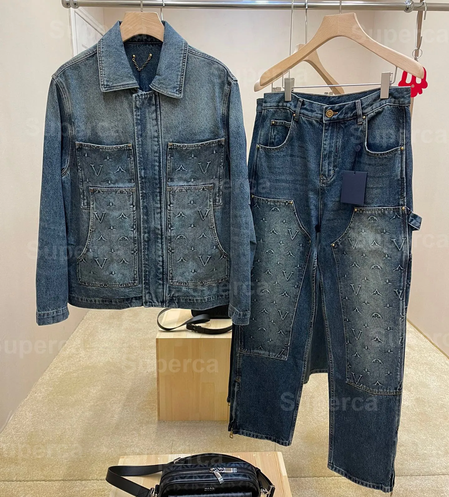 Erkek Demin Ceketleri Jakquard Dokunma Günlük Moda Kadın Denim Ceket ve Jeans Trailsuit Marka Tasarımcısı Jean Bitki Mektubu Tam Baskı Çamuru