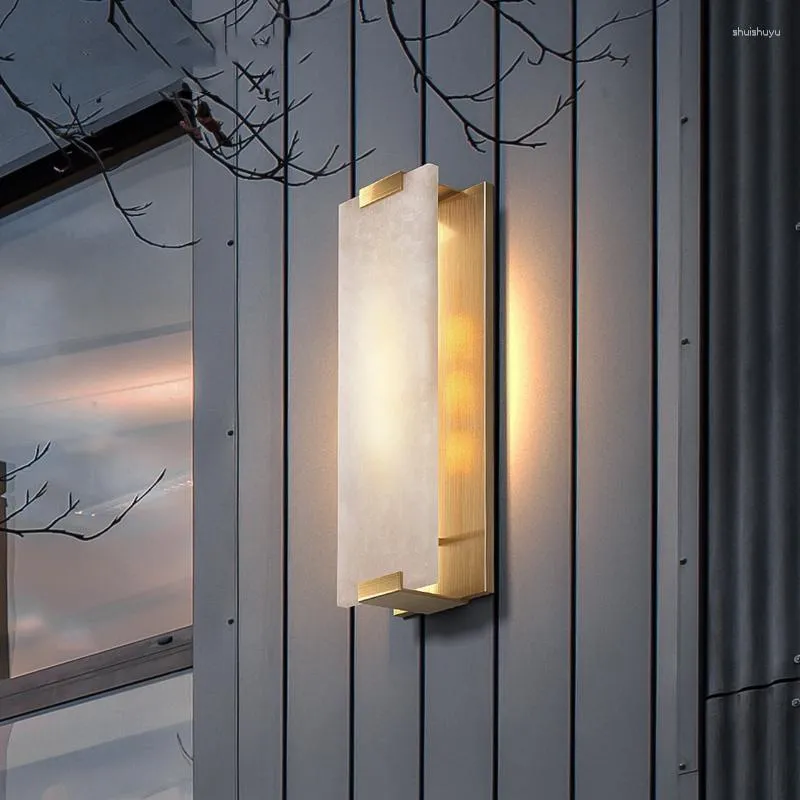 Vägglampor rektangel naturlig marmor LED-lampor koppar foajé sänggång inomhus guld svart sconce droppe 110-240v