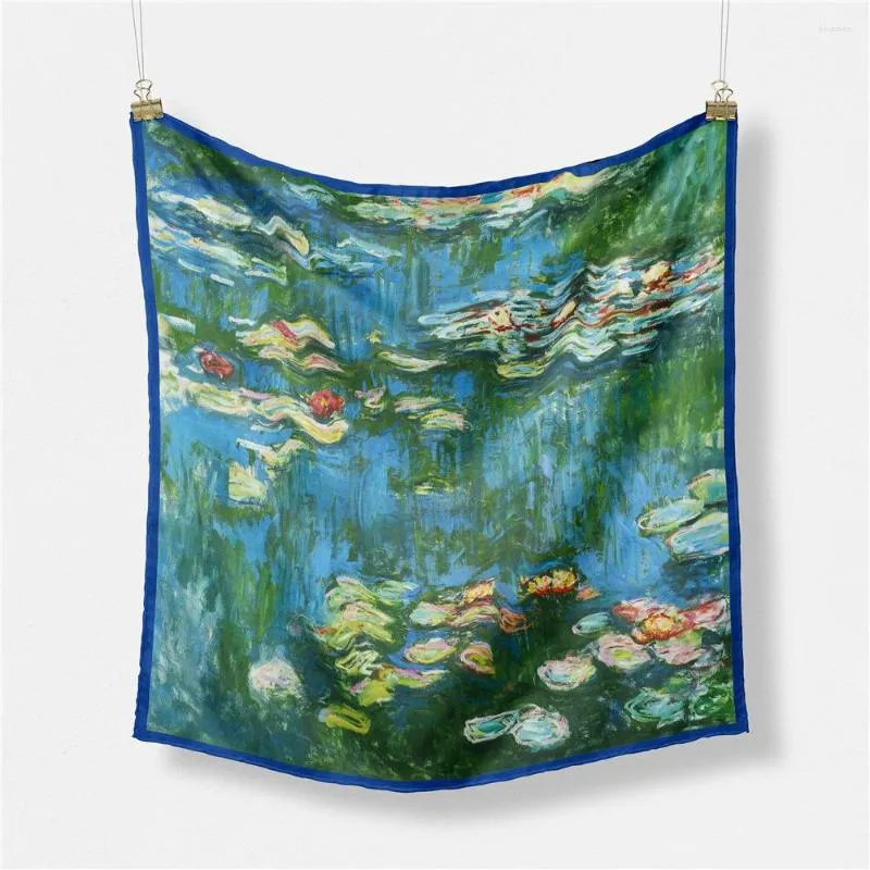 スカーフ53cmモネの油絵の池のシルクのスカーフ女性の四角いショールフウラードバンダナヘア