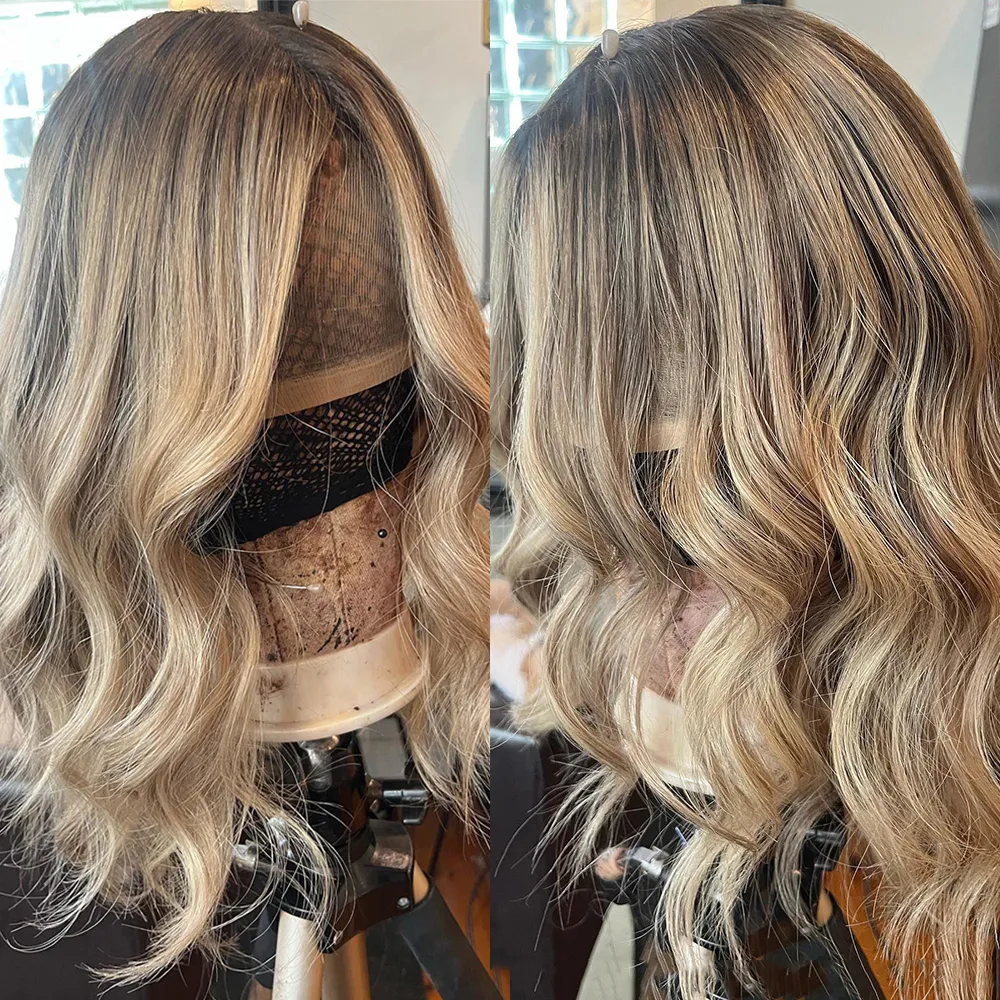 Brasilianische menschliche Haarspitze vorne Perücke 220%Dichte Braunblond Highlights Perücken billige Spitze Teil Perücke für Frauen Hd Spitze Kurzwelle Perücke