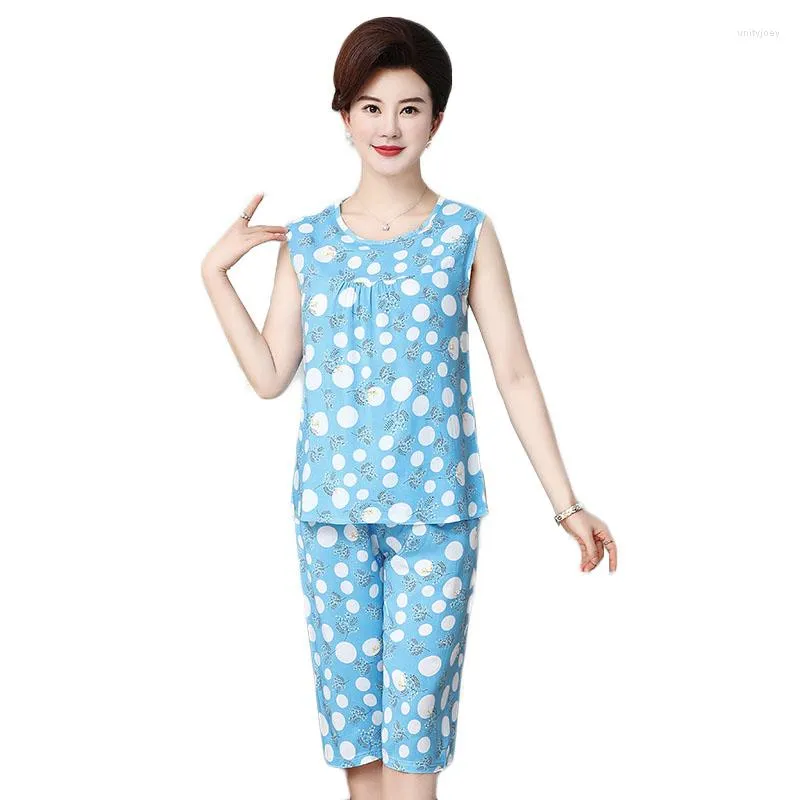 Frauen Nachtwäsche Mühenverkaufsprodukt in Heimkleidung für Frauen im Sommer Pyjama mittlere Alter Kleidung Lady Tracksuit Set Print 2 Stück