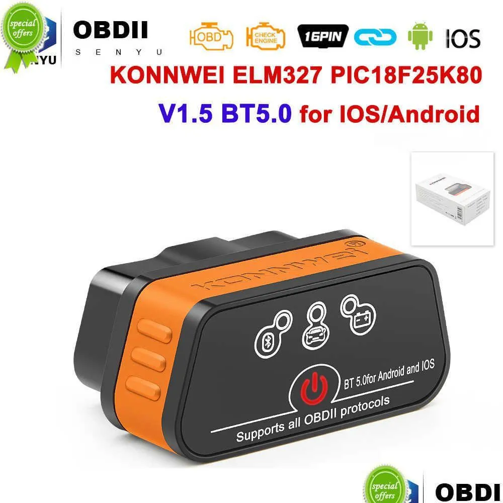 診断ツールKonnwei ELM327 V1.5 Bluetooth 5.0 ELM 327 V 1 5 OBD2スキャナーカーODB2 OBD 2コードリーダーPK VGATE ICAR2ドロップDHDFM配信