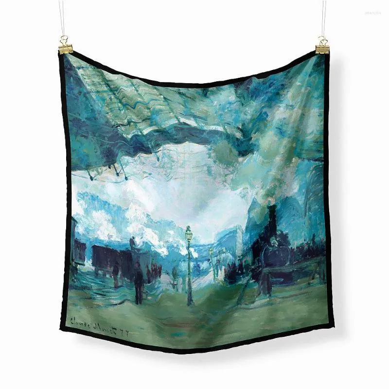 Sjaals 53 cm Monet Oil Painting Train Station Silk Scarf Women Square sjaals Foulard Bandana Haar