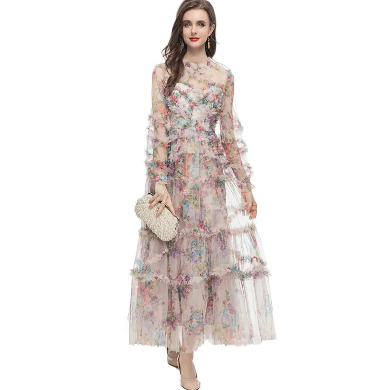 女性用滑走路ドレスo首の長袖プリントフリルティアドファッションデザイナーMaxi Vestidos Party Prom Gown