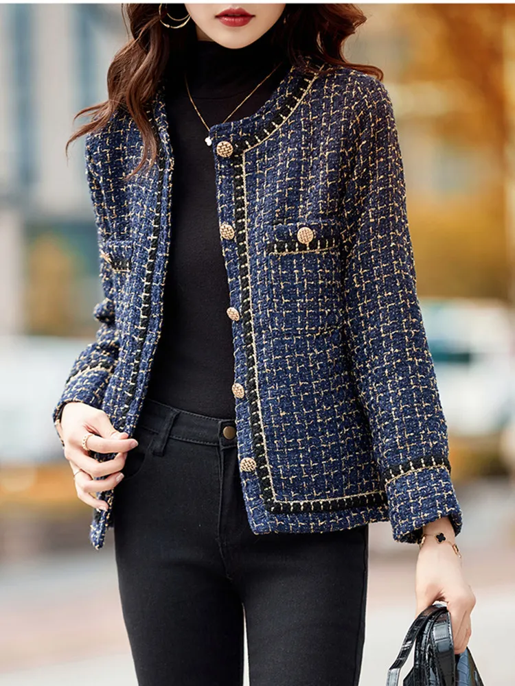 Elegant Tweed Blazer Jacket - Womens Luxury Plaid Coat with Gold