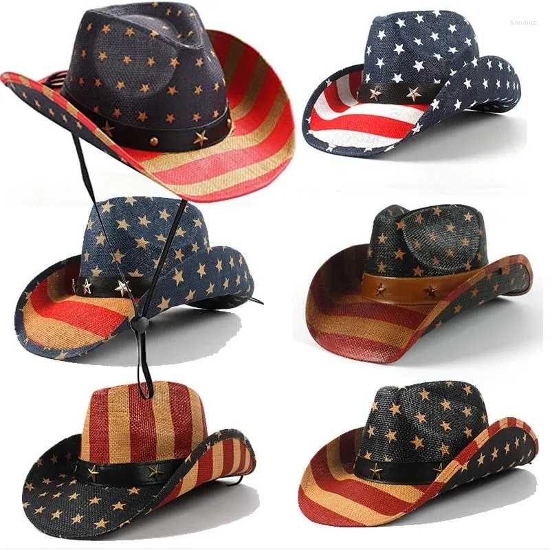Berets Summer Classic American Flag Cowboy Hats для женщин, мужчина Wide Brim USA Cowgirl чай, запятнанный унисекс соломенная шляпа, шляпа