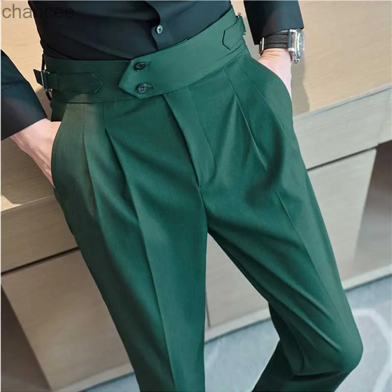 British Style Autumn New High Caist Troushers Men Belt Design Slim Fit Pants Office Party Social Wedding Pants formais Hommeslf20230824.