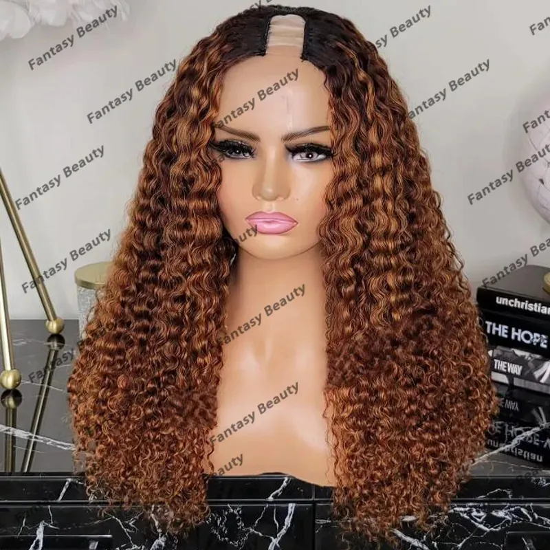 Kinky Curly Ombre Golden Brown Afo Black Women Human Hair Wigs 1x4 u 모양/v 부분 개방 글루없는 조절 가능한 가발 풀 엔드