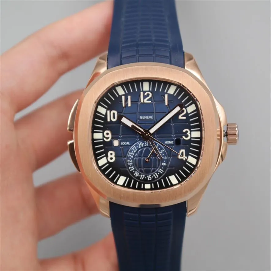 2022 5164 GMT resetid Automatisk herrklocka Rose Gold Blue Textured Dial Stick Number Markers Rubber Strap 5 Styles Watches Pur312s