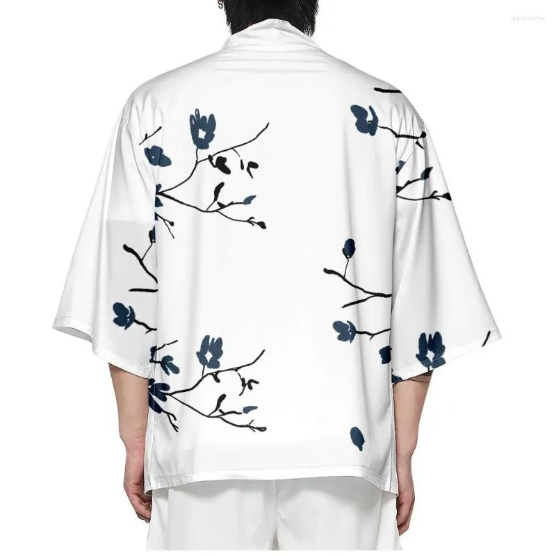 Ethnic Clothing Flower Printed White Japanese Samurai Traditional Kimono 2023 Harajuku Oversized Cosplay Tops