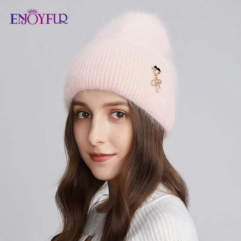 Brede Rand Hoeden Emmer ENJOYFUR Vrouwen Winter Zachte Warme Angora Wol Gebreide Beanie Hoed Mode Vrouwelijke Geboeid Schedel Motorkap Cap 230824