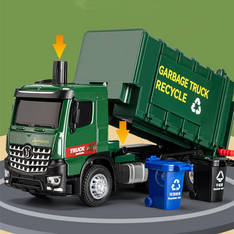 Auto modello Diecast 1/32 Garbage Truck Model Modello Diecast Metal Pneumatic Control Garbage Ordinamento Veicoli igienico -sanitari per bambini Giocattole Collezionamento 230823