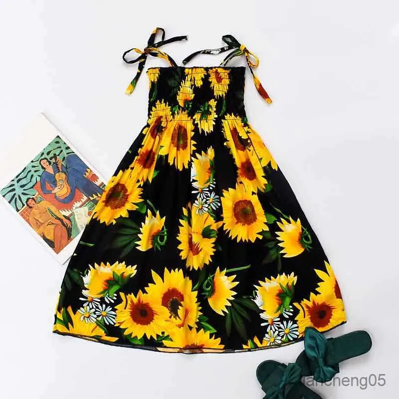 Vestidos da menina verão meninas vestido floral estilingue babados praia vestidos de princesa para roupas da menina 2 anos com colar presente r230831