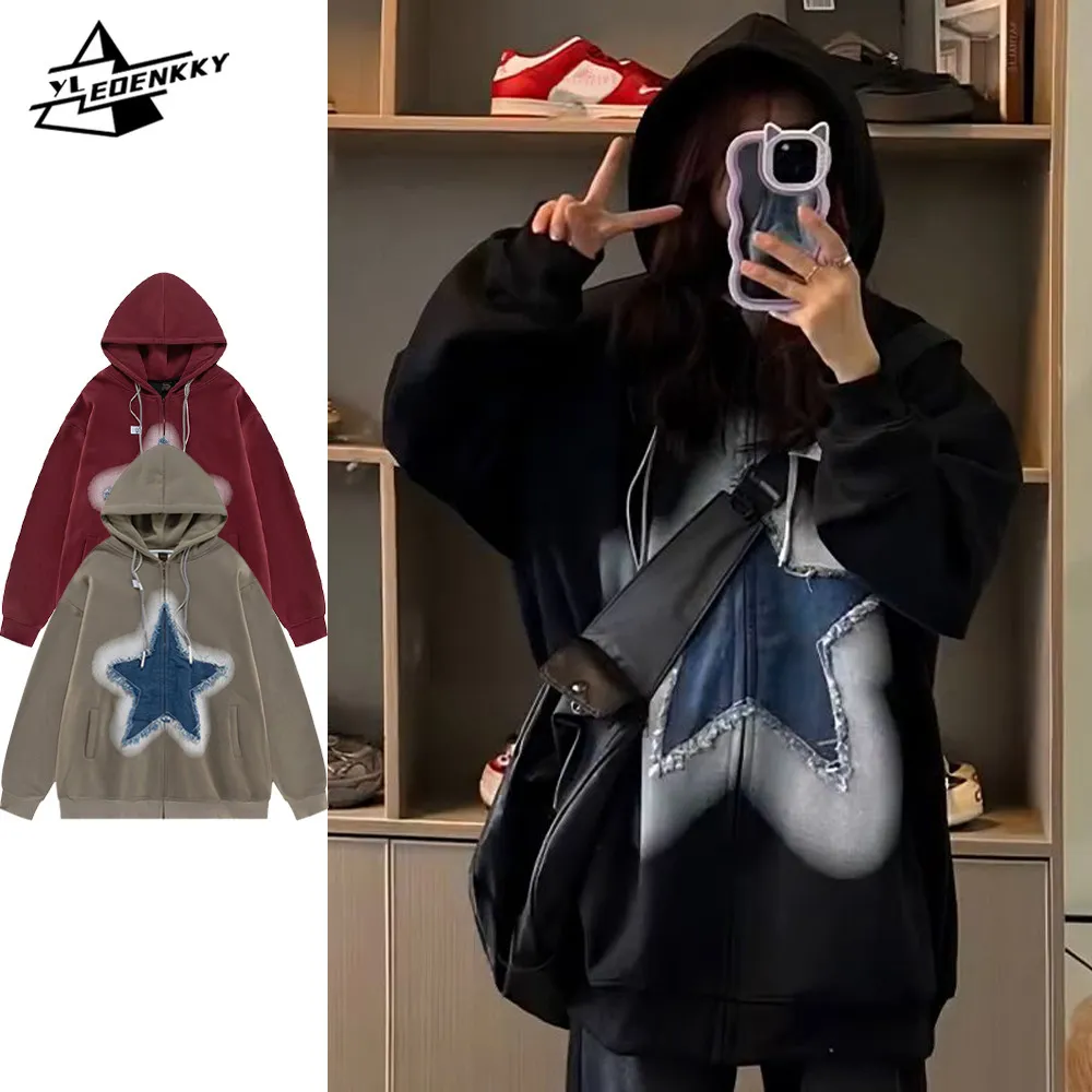 Męskie bluzy bluzy Y2K Hip Hop Bluza Mężczyźni Kobiety Vintage Patchwork Star Pattern High Street Loose Oversize Hoodie Casual Para Streetwear 230823