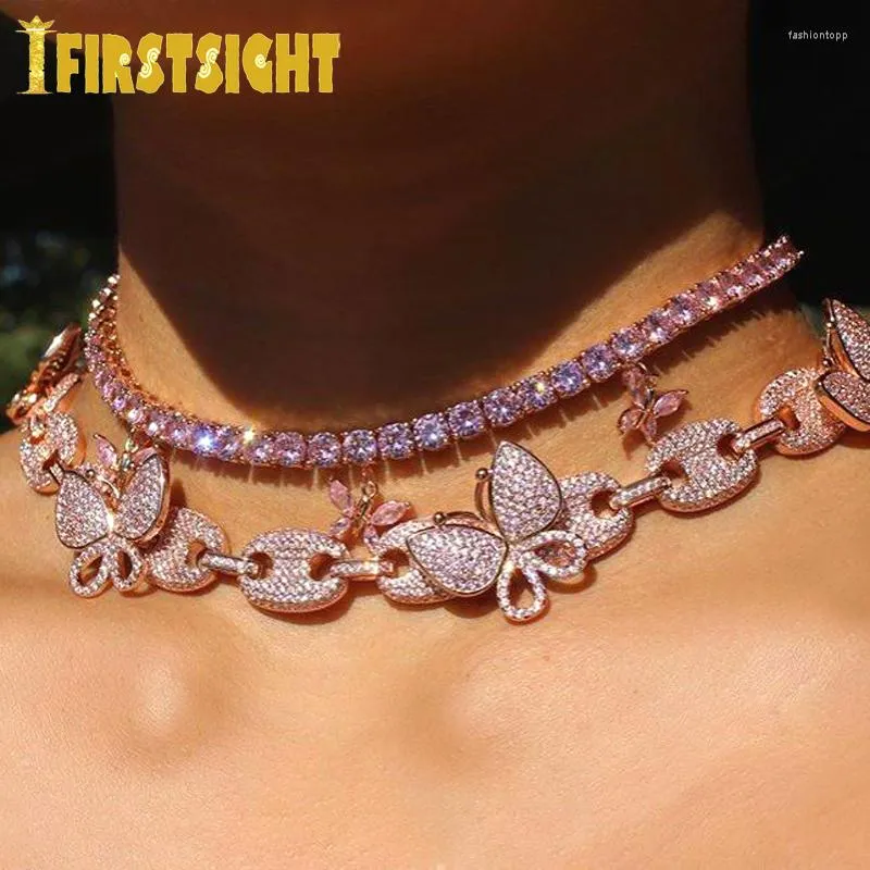 Kedjor isade ut cz kaffebönor länk fjärilshalsband hip hop mode punk choker rosa bubbel kedja bling kvinnor smycken