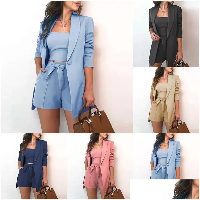 Women'S Two Piece Pants Women S In 3 Pieces Suits Sets With Sashe Long Sleeve Top Biker Shorts Vest Spring Solid Elegant Office Lady Dhogr