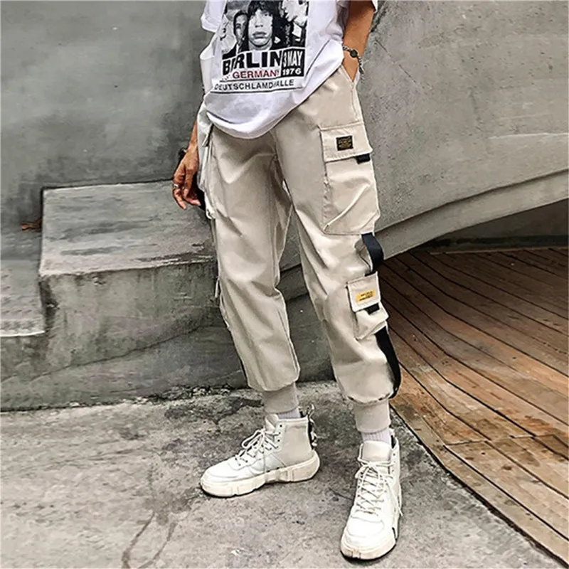 Black Ribbon Pocket Cargo Pants For Women Hip Hop Streetwear Black Ribbon Pocket Cargo Pants For Women Hip Hop Streetwear